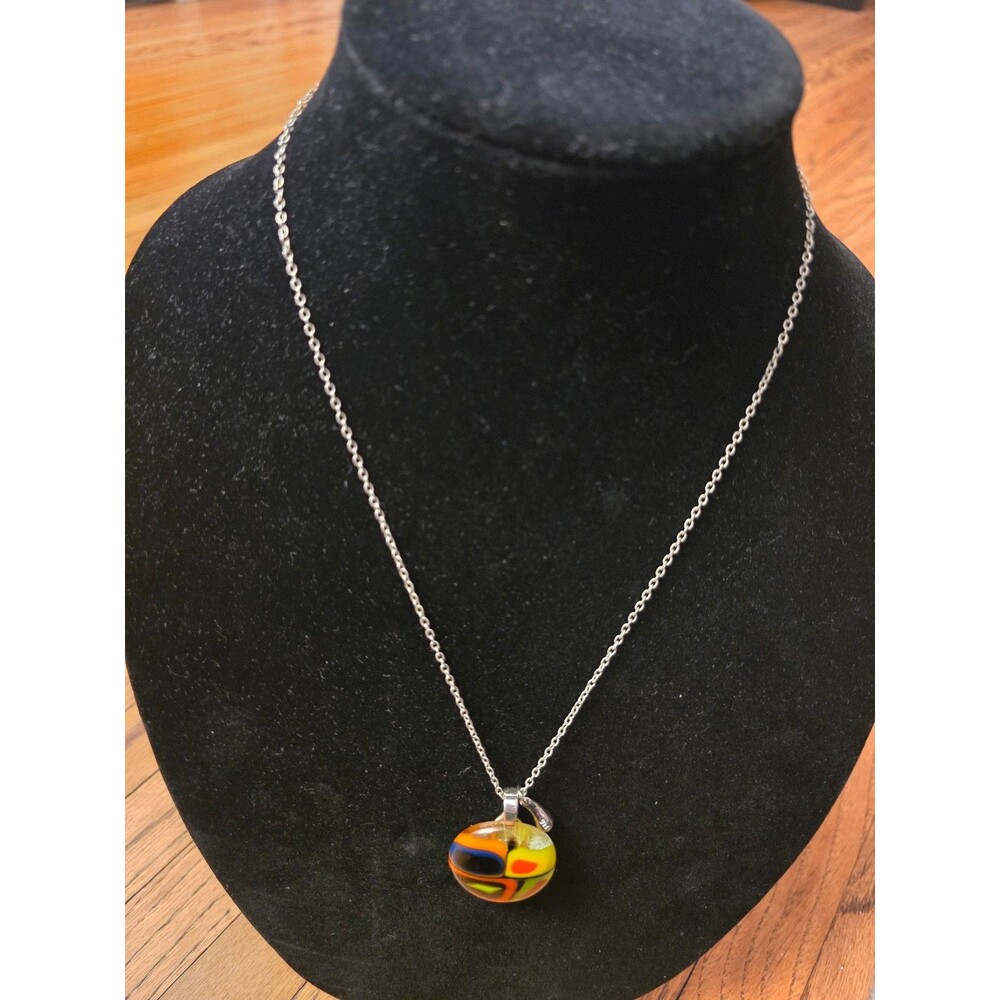 925 Sterling Silver Colorful Fused Glass Pendant Necklace - Bold Yellow Orange